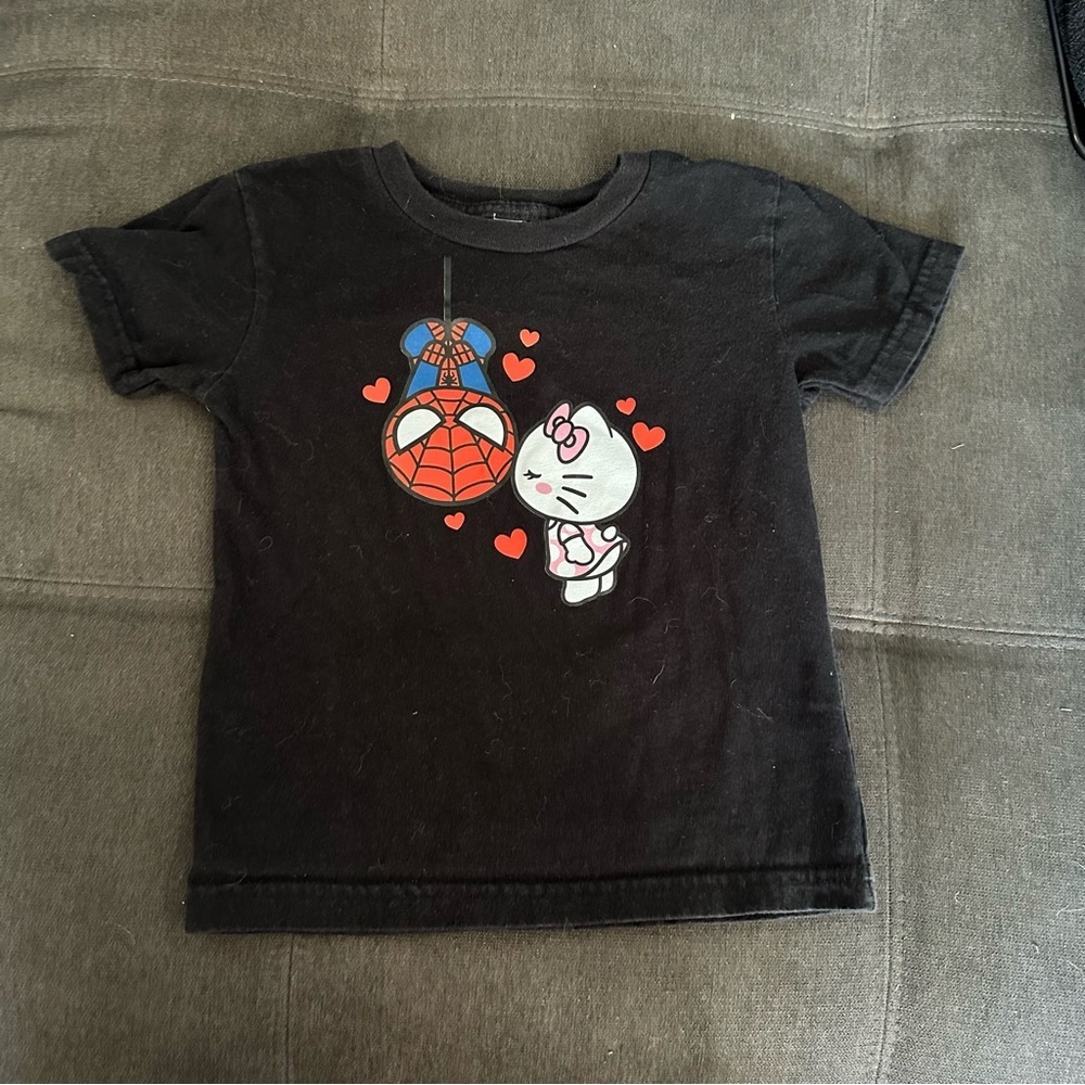 Black Kids Graphic Tee with Hello Kitty & Spider-Man Motif